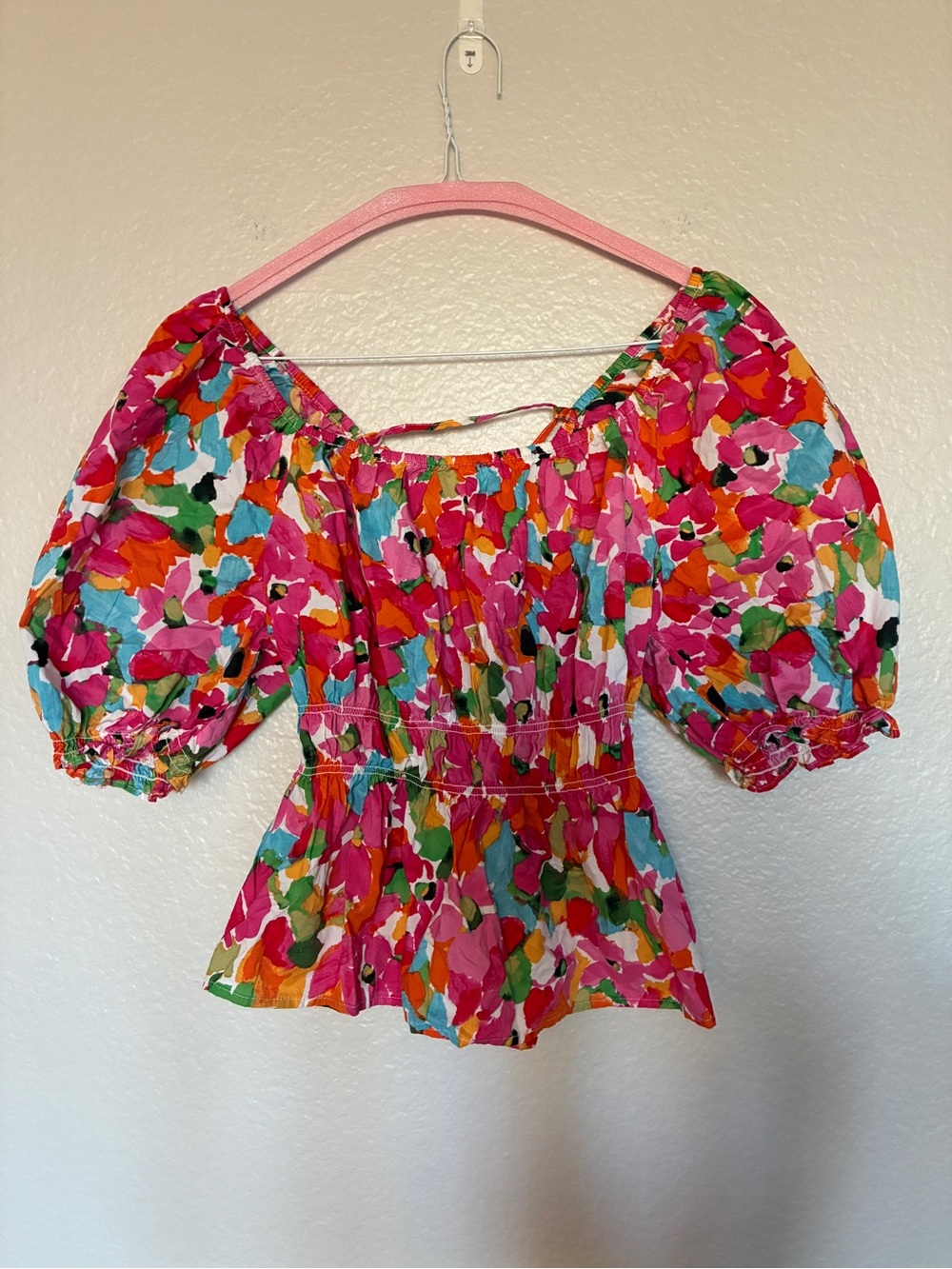 Sanctuary 100% Cotton Floral Scoop Neck Puff Sleeve Top Pink Multicolor Tie-Back